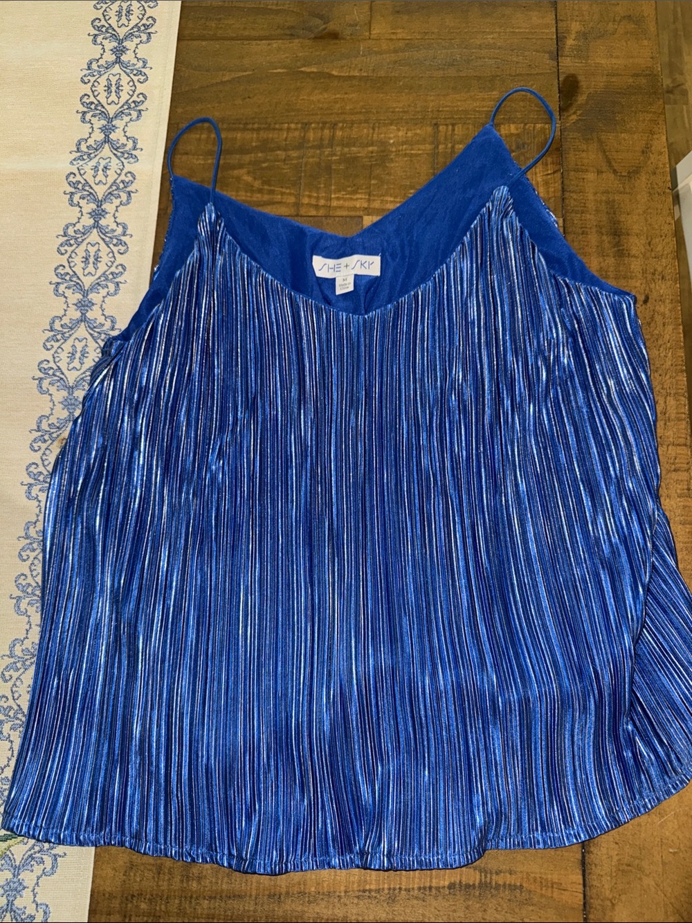 She + Sky Royal Blue Metallic Pleated Cami